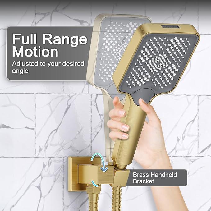 Shower System 13-Inch Rainfall Shower Head - 3 Setting Handheld Sprayer, Complete Bathroom Set with Faucet Mixer Trim Kit & Valve Brushed Gold - ModernBath