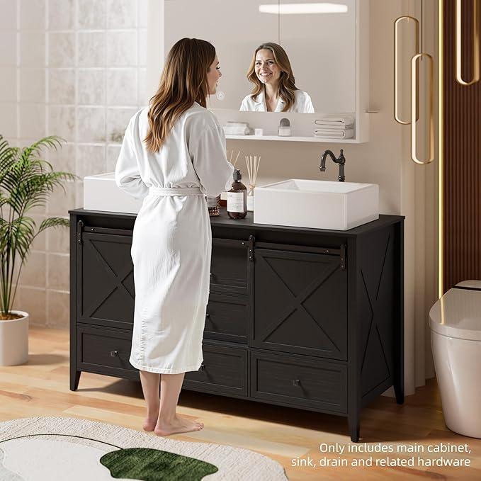 VNN Bathroom Vanity with Sink - 60 Inch Bathroom Vanity Double Sink Ceramic, Freestanding Cabinet with 2 Farmhouse Sliding Barn Doors and 5 Drawers, Space-Saving Storage Cabinet, Black Wood Grain - ModernBath