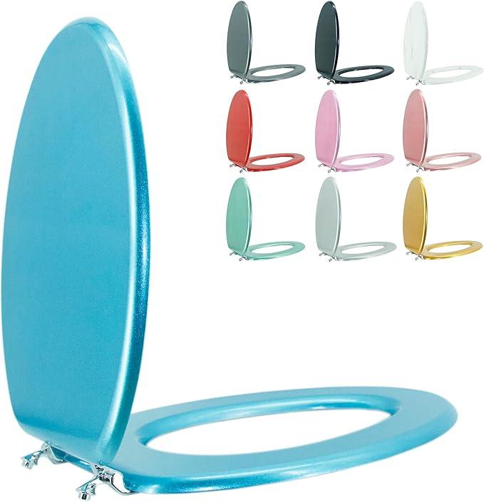 BLOFDE Elongated Toilet Seat Wood Toilet Seat Prevent Shifting with Zinc Alloy Hinges American Standard Size Toilet Seat Easy to Install also Easy to Clean(Elongated,Sparkling Sapphire Blue) - ModernBath