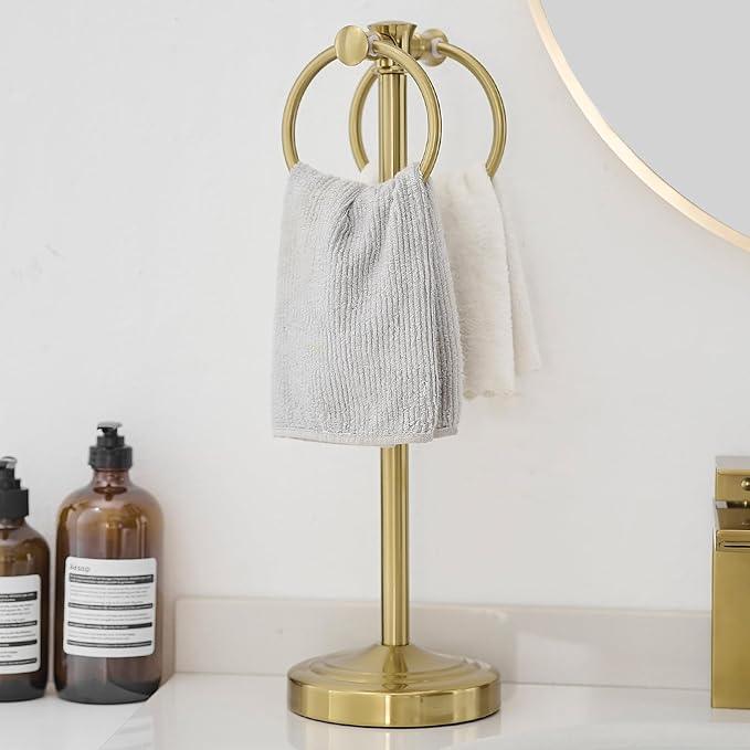 Hoimpro 17" Brushed Gold Free Standing Towel Rack Bracket, Double Towel Ring Hand Towel Stand Holder, Bathroom Hardware Accessories Set Towel Bar for Bathroom Vanities and Kitchen Countertops - ModernBath