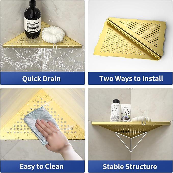 Corner Shower Shelves 10", Brushed Gold 304 Stainless Steel Recessed Bathroom Shelf, Grout in Shelf Rack for Tiled Wall, 2 Pack - ModernBath