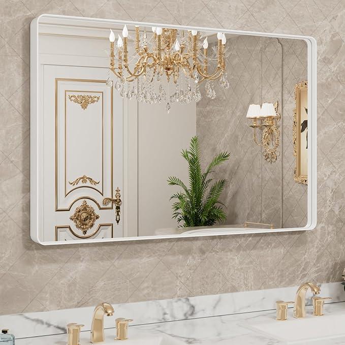 LOAAO 48x30 Inch White Metal Framed Bathroom Mirror for Wall, White Bathroom Vanity Mirror Farmhouse, Large Rounded Rectangle Mirror, Anti-Rust, Tempered Glass, Hangs Horizontally or Vertically - ModernBath