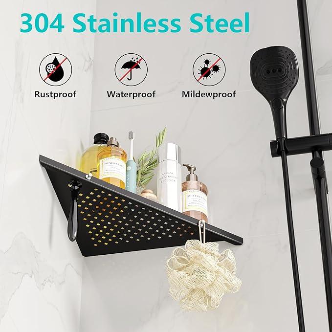 10" Bathroom Corner Shelf, 2 Pack Recessed Shower Shelf Caddy, SUS304 Stainless Steel Shelf Wall Mount Triangular, No Drilling Matte Black - ModernBath