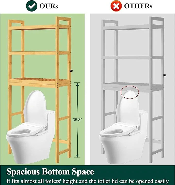 Smiry Over The Toilet Storage Cabinet, 3-Tier Bamboo Bathroom Organizers with Adjustable Shelf & 4 Hooks, Space Saving Shelf Rack for Bathrooms, Laundry Room, Balcony, Natural - ModernBath