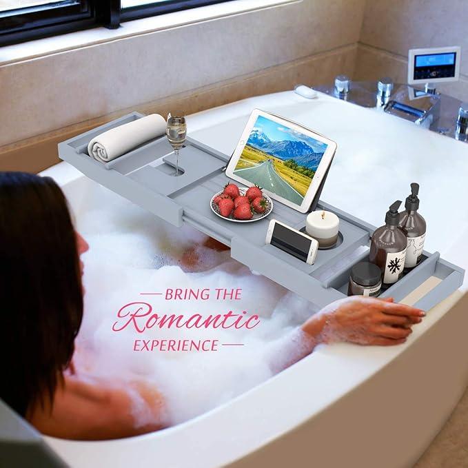 Domax Bathtub Caddy Tray Expandable Bamboo Tub Tray for Luxury Bath with Book Holder and Free Soap Dish (Gray, 29.4"-44.2"x 9.1"x1.65") - ModernBath