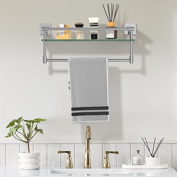 Glass Shelf for Bathroom 16 in Bathroom Shelves with Towel Bar Tempered Glass Shelves with Stainless Steel Towel Holder for Wall (Chrome Polished) - ModernBath