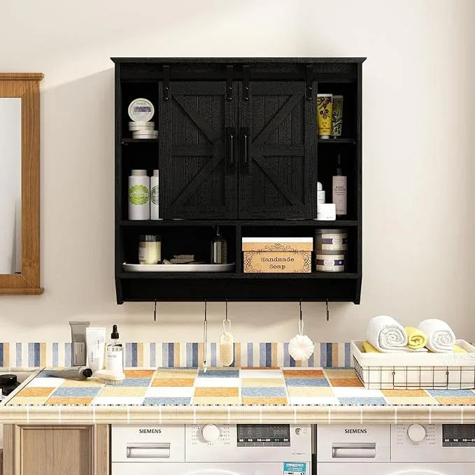 RUSTOWN Farmhouse Bathroom Wall Cabinet,3-Tier Rustic Wood Wall Mounted Cabinets,Vintage Medicine Cabinet with Sliding Barn Door and Adjustable Shelves,Over The Toilet Storage Cabinet (Black) - ModernBath