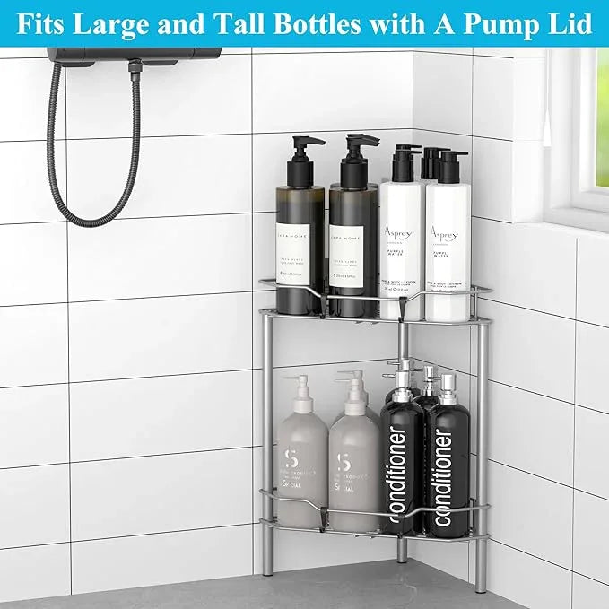 2 Tier Floor Standing Corner Shower Caddy Organizer Shelf with Hooks, Bathroom Shelves Stand Rack, Gray - ModernBath