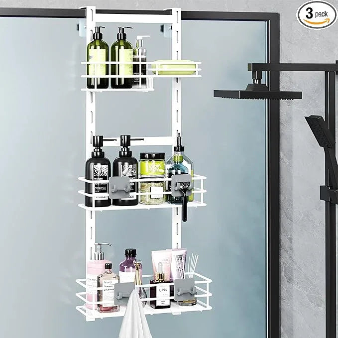 Orimade Over The Door Shower Caddy Adjustable 3 Tier White,Bathroom Hanging Organizer Shelf Rustproof with 4 Hooks,Shower Basket with Soap Holder and Suction Cup - ModernBath