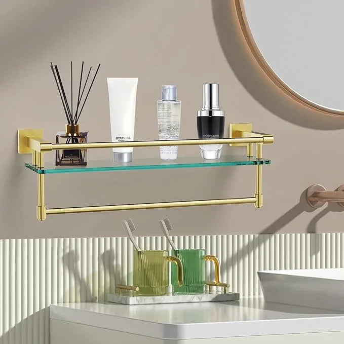 Bathroom Glass Shelf with Towel Rack Organizer Wall-Mounted Bathroom Storage SUS304 Stainless Steel Track Wall-Mounted Tempered Glass Stainless Steel Shelf (Brushed Gold, 20-inch) - ModernBath