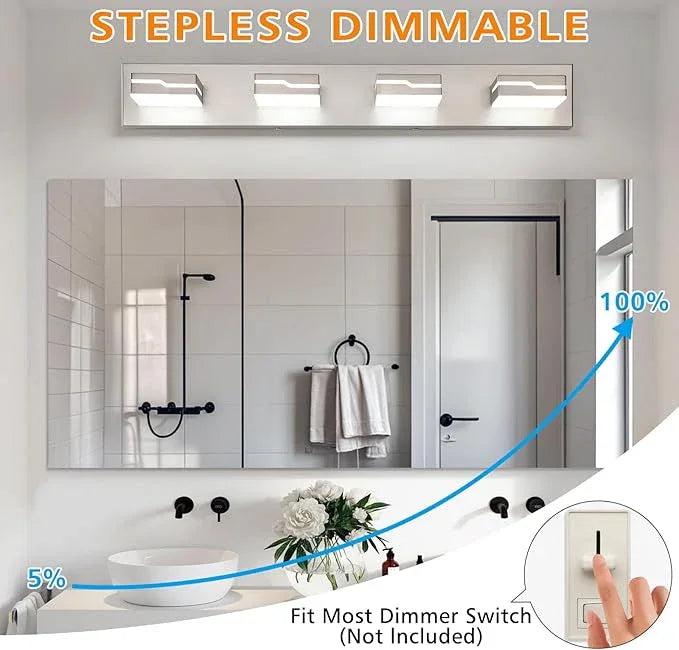 Merexcint LED Modern Bathroom Vanity Light Fixtures 4-Light, 25.5 inch Dimmable Nickel Vanity Lights for Bathroom Lighting Fixtures Over Mirror, with 350°Rotatable Acrylic Heads(White Light 5500K) - ModernBath