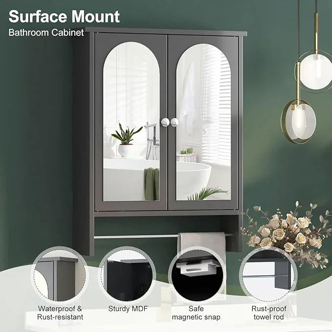 Bathroom Medicine Cabinet Mirror,Arched Bathroom Cabinet with Mirror,Surface Mount Medicine Cabinet Wall Mounted,Mirrored Medicine Cabinets with Towel Bar,Black Wall Cabinet 22x28 - ModernBath