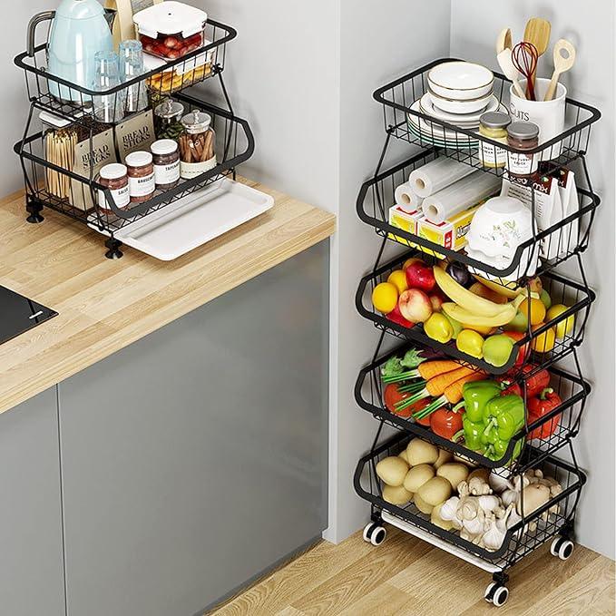 Metal Wire Baskets with Wheels, Stackable Storage Bins Kitchen Organizer Shelf 3-4-5-6 Tier Fruit Vegetable Cart Dishes Seasonal Rack Shelves for Garage, Pantry, Bathroom and Produce holder - ModernBath