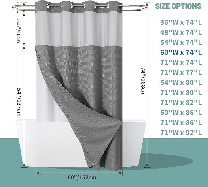 eachope Grey No Hook Waffle Weave Shower Curtain with snap-in Liner Replacement, 230GSM Waterproof Fabric Hotel Shower Curtain Set for Bathroom, Through Mesh Top Window,60Wx74H - ModernBath