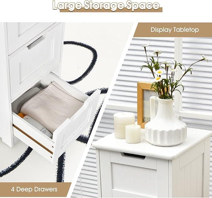 Tangkula Bathroom Floor Cabinet with 4 Drawers, 12 x 12 x 32 Inch, Freestanding Storage for Bath Living Room, Wooden Bathroom Cabinet for Home Office (White) - ModernBath
