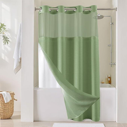 River Dream Sage Green Fabric Shower Curtain Set, Cotton Blend, Waffle Weave, with Snap in Replacement Liner，54 x 80 inches - ModernBath