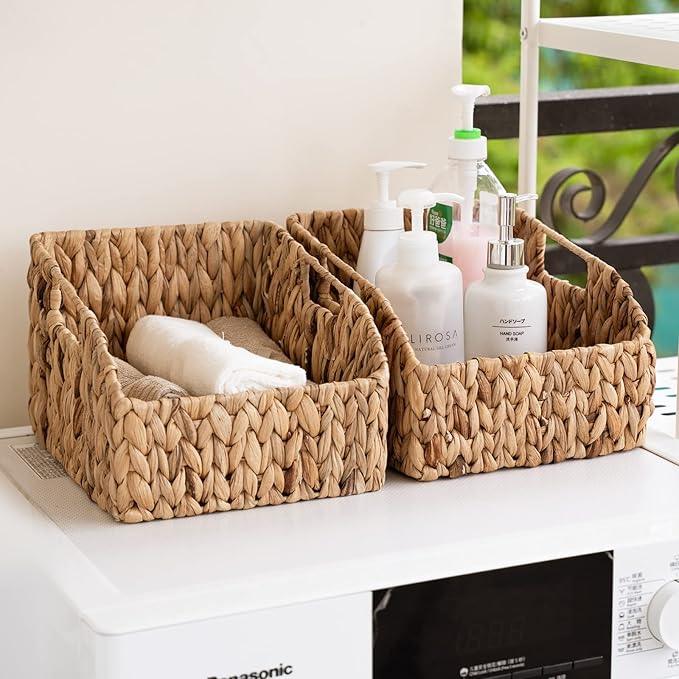 FairyHaus Wicker Baskets 2 Pack, Natural Large Wicker Baskets for Storage, Nesting Hand-woven Water Hyacinth Wicker Baskets for Organizing with Built-in Handles, 9"L x 11"W x 7"H - ModernBath