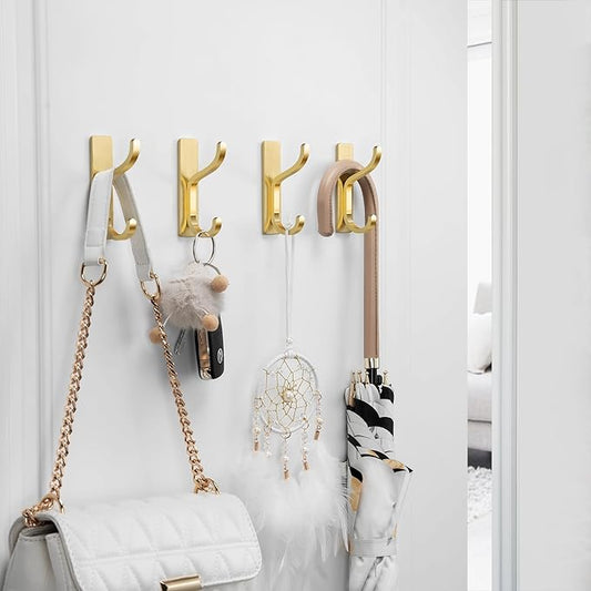 pickpiff Adhesive Wall Coat Hooks - Heavy Duty Stick-On Door Hanger, Metal Hook for Hanging Towel,Purse, Robe, Backpack, Jacket, Clothes - for Bathroom,Dorm, Closet, Kitchen - Gold, 4 Pack