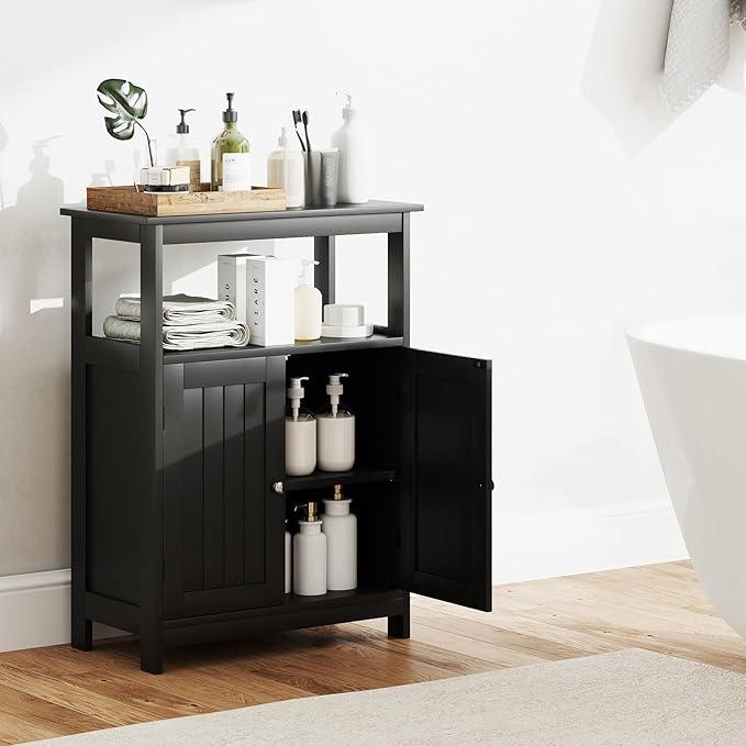 GOFLAME Bathroom Cabinet, Floor Storage Organizer with 2 Doors, 2 Open Shelves, 3-Level Adjustable Shelf, Modern Storage Unit for Laundry Room, Entryway, Living Room, Black - ModernBath