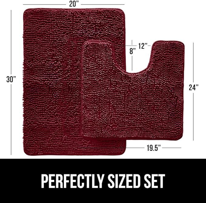 GORILLA GRIP Bathroom Rug Sets, Soft Chenille 2 Piece Area Rugs Set, Toilet Base Mat and 30x20 Carpet, Absorbent Microfiber Washable Mats Dry Quickly, Home Décor and Bath Room Accessories, Burgundy - ModernBath