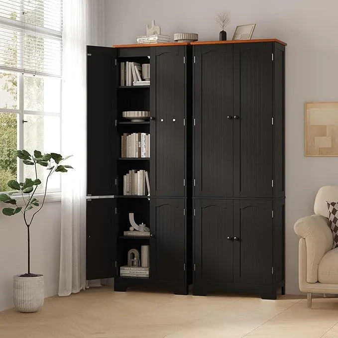 72.2'' Narrow Storage Cabinet, 4 Door Kitchen Cabinet with Adjustable Shelves, Freestanding Cupboard, Tall Pantry Cabinet for Bathroom, Dining Room, Living Room, Kitchen,Laundry, Entryway, Black - ModernBath