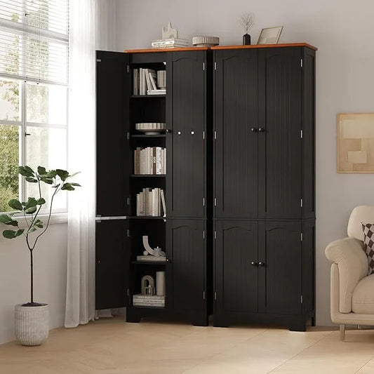 72.2'' Pantry - 4 Door Kitchen Cabinet with Adjustable Shelves, Freestanding Cupboard, Tall Storage Cabinets for Dining Room, Living Room, Laundry, Bathroom, Entryway, Black 2Pcs - ModernBath