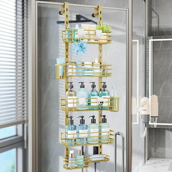 Consumest Over The Door Shower Caddy - 5 Tier Adjustable Shower Organizer Hanging with 2 Toothbrush Holders & 4 Hooks, Rustproof Organizer Shelf, Storage Rack for Bathroom, Gold - ModernBath