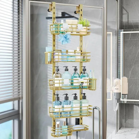 Consumest Over The Door Shower Caddy - 5 Tier Adjustable Shower Organizer Hanging with 2 Toothbrush Holders & 4 Hooks, Rustproof Organizer Shelf, Storage Rack for Bathroom, Gold - ModernBath