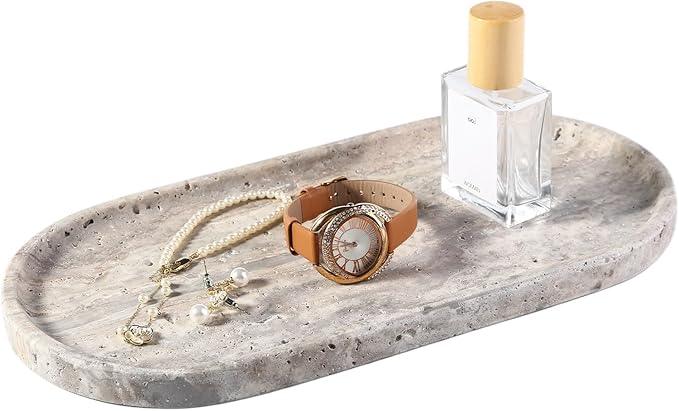 Koville Natural Travertine Tray for Bathroom Countertop, 12"x6" Vanity Decorative Marble Tray for Perfume, Candles, Jewelry, Stone Catchall Trays Jewelry Dish, Silver Stone Trays for Kitchen Counter - ModernBath