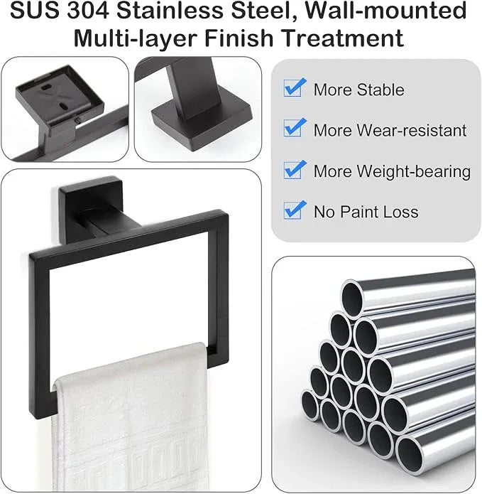 Matte Black Towel Ring,Square Hand Towel Holder,Towel Hanger, Bathroom Hardware Accessories,Stainless Steel Wall-Mounted Towel Hoder - ModernBath