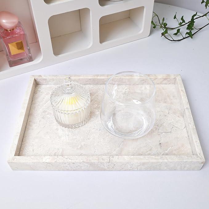 Yew & Tulip Natural Marble Vanity Tray, Luxury Stone with Beige Textures Serving Tray for Bathroom, Kitchen, Vanity, Home Decor, Wedding etc. (12" x 8" x 1.2") - ModernBath