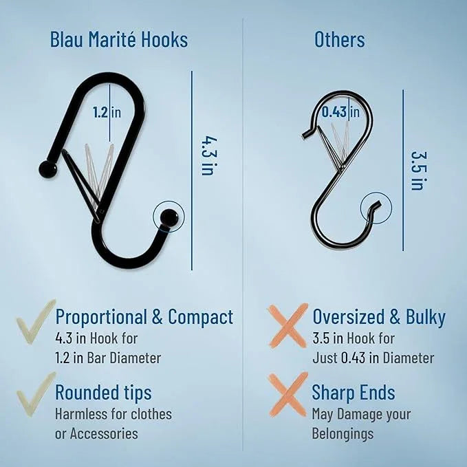 Blau Marité 6-Pack Metal S Hooks for Hanging – Heavy-Duty S-Shaped Hook with Safety Buckle – Fits Bars up to 1.2 in – Anti-Drop S-Hooks for Closet, Wardrobes & Storage – Golden (Large) - ModernBath