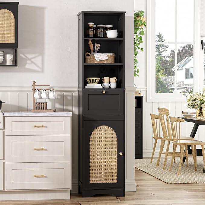 67"H Bathroom Storage Cabinet with Rattan Doors and Slide Storage, Tall Narrow Standing Tower Cabinet with Adjustable Shelves, Small Bathroom Floor Organizer for Entryway, Kitchen, Black - ModernBath