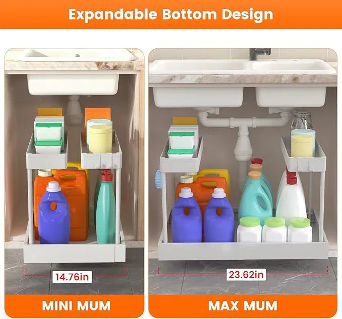 Expandable Under Sink Organizers and Storage,Width Adjustable (14.9-23.6IN),No Drill 2-Tier Pull Out Under Cabinet Organizer for Kitchen Bathroom Laundry White - ModernBath