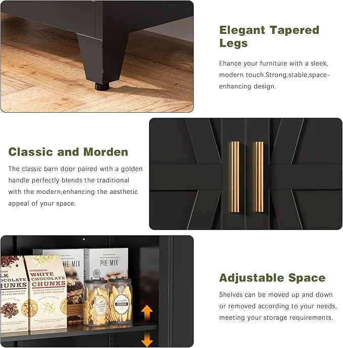 COFaR Black Farmhouse Storage Kitchen Pantry Cabinet with 2 Barn Door, 4 Adjustable Shelves and Legs, for Cupboard/Dining Room/Bathroom/Living Room/Office/Laundry Room (Black, 71" Farmhouse) - ModernBath