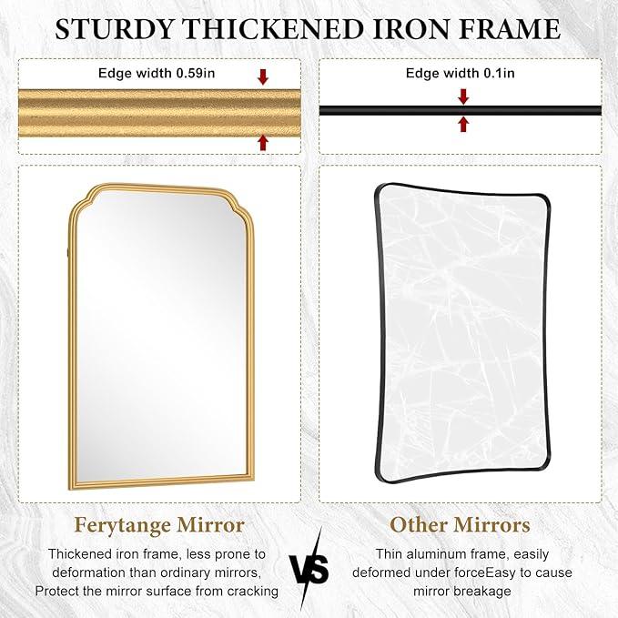 Ferytange 20X30 Inch Gold Bathroom Mirror for Wall, Modern Rounded Corner Rectangle Mirror with Non-Rusting Iron Metal Framed Bathroom Vanity Mirror for Over Sink Wall Decor(Tempered Glass) - ModernBath