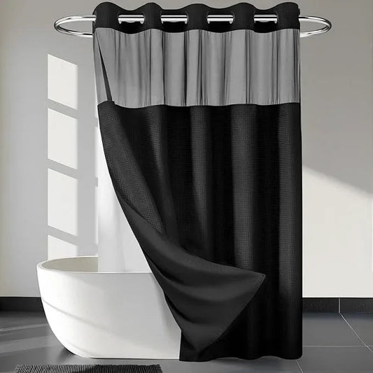 River Dream Heavyweight No Hooks Required Dotted Waffle Weave Shower Curtain with Snap in Liner - 71W x 80H,Hotel Grade,Spa Like Bath Curtain,Graphite Black - ModernBath