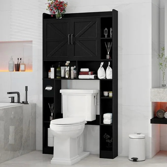 Vabches Over The Toilet Cabinet, Double Doors Bathroom Shelf Organizer with Toilet Paper Holder Stand and Open Storage Shelf, Small Freestanding Space Saver for Restroom, Bathroom, Laundry, Black - ModernBath