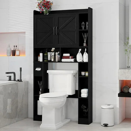Vabches Over The Toilet Cabinet, Double Doors Bathroom Shelf Organizer with Toilet Paper Holder Stand and Open Storage Shelf, Small Freestanding Space Saver for Restroom, Bathroom, Laundry, Black - ModernBath