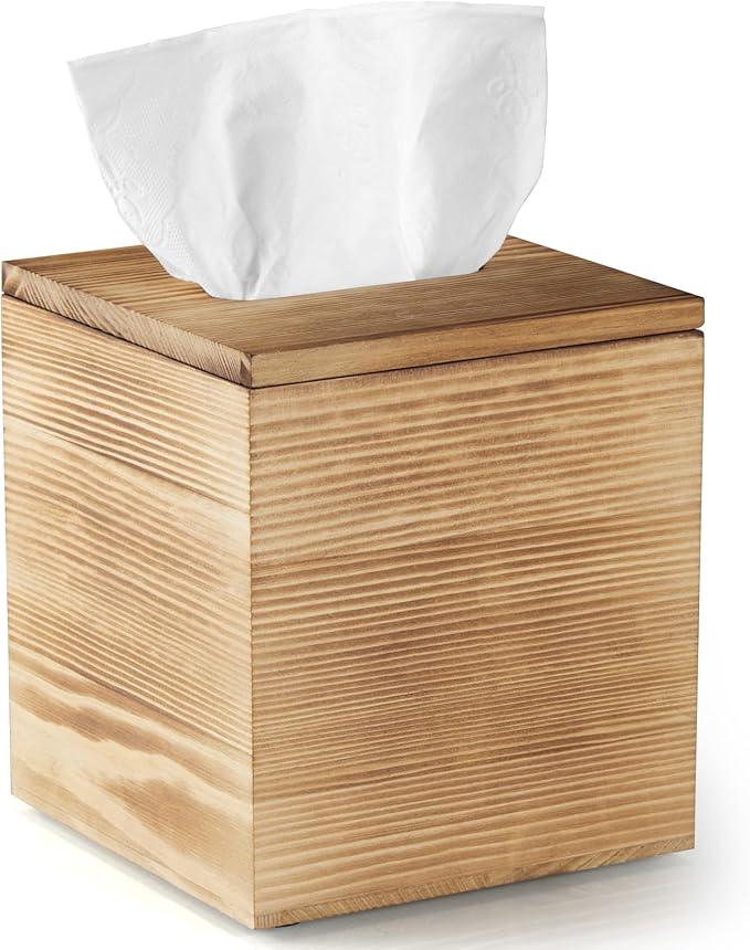 Dreamkey Square Burnt Wood Tissue Box Cover, Rustic Solid Wood Tissue Box Holder with Removable Top Lid for Bathroom, Bedroom, Living Room, Office, Brown - ModernBath