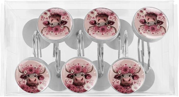 Highland Cows and Florals Rust Proof Shower Curtain Hooks 12Pcs for Bathroom Shower Rod, Decorative Shower Hooks Shower Curtain Hanger Rings Roller, Glass, Resin, Stainless Steel - ModernBath