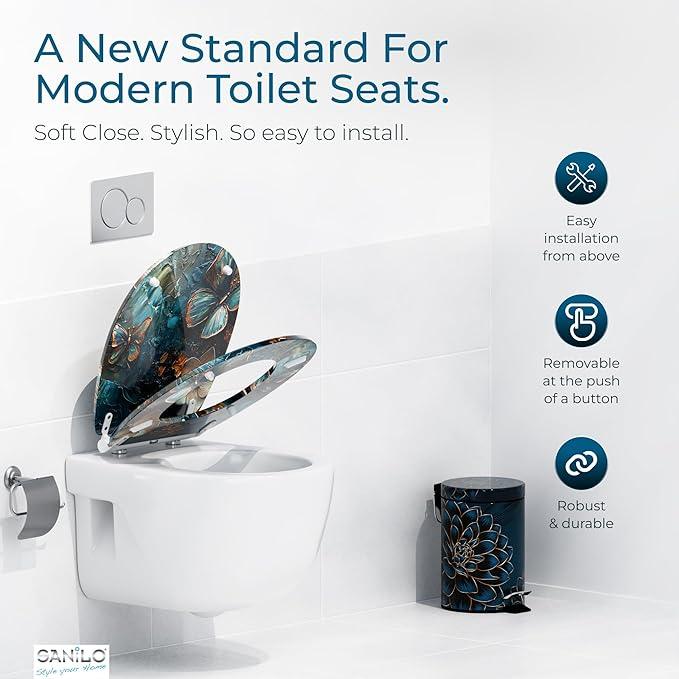 Sanilo Wooden Toilet Seat with Quick Release & Soft Close [ROUND] - Decorative & Slow Close Molded Wood Seat - With One Click for Easy Installation & Cleaning - With Adjustable Fit (Mariposa) - ModernBath