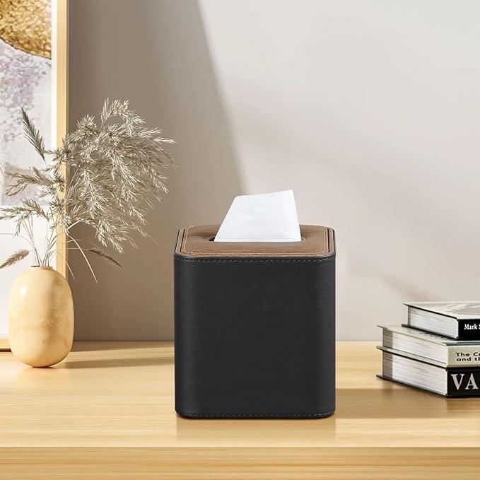 Cretkhp Tissue Box Cover Square, Modern PU Leather Tissue Holder with Magnetic Closure for Bathroom NightStands, Decorative Square Tissue Box Holder (Black) - ModernBath