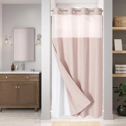 eachope Stall No Hooks Needed Linen Textured Shower Curtain with Snap-in Fabric Liner Set,Hotel Luxury Decor Farmhouse Shower Curtains for Bathroom,Waterproof & Washable,54Wx80H,Blush - ModernBath