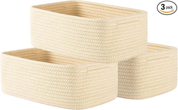 Small Woven Basket, 12 x 8 x 4.5 Inches, Storage Basket for Organizing, Cute Small Rope Shelf Closet Cube Storage Bins Baskets for Shelves, Dog Toy Gift Baskets Empty, 3 Packs, Beige - ModernBath