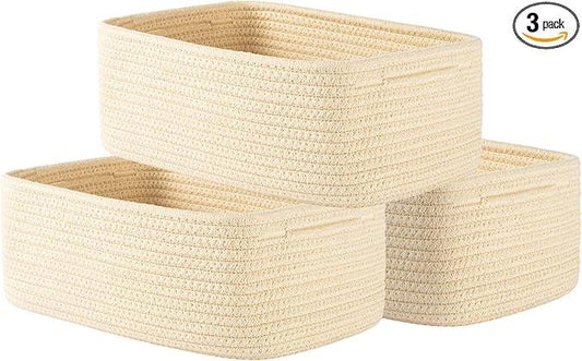 Small Woven Basket, 12 x 8 x 4.5 Inches, Storage Basket for Organizing, Cute Small Rope Shelf Closet Cube Storage Bins Baskets for Shelves, Dog Toy Gift Baskets Empty, 3 Packs, Beige - ModernBath