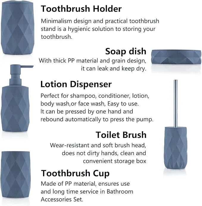 Liuonnam Bathroom Accessories Set 5-Piece Plastic Gift Set with Toilet Brush Holder, Toothbrush Holder, Toothbrush Cup, Soap Dispenser, Soap Dish(Grey) - ModernBath
