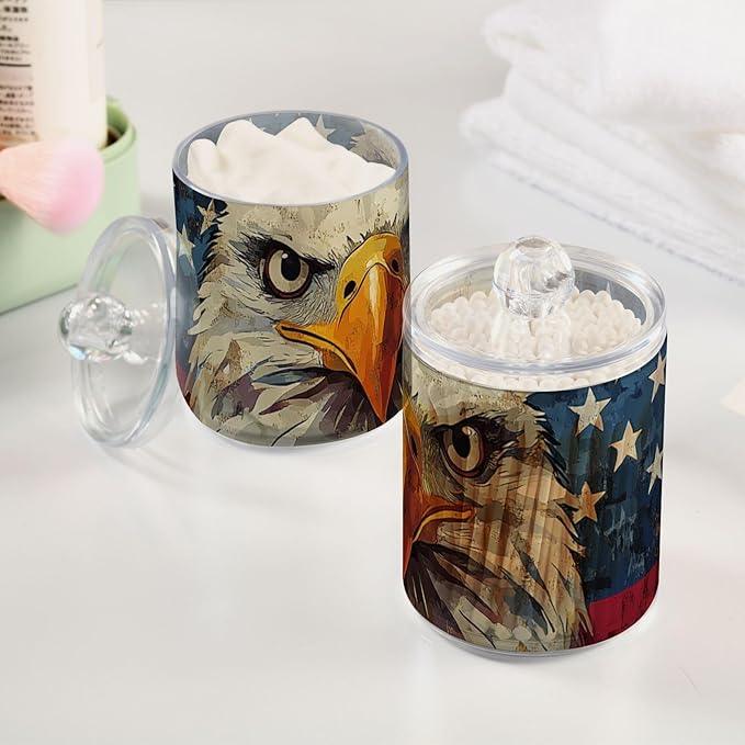 Tatenale Qtip Holder Bathroom Set Q tip Cotton Ball Swab Pad Dispenser Container Organizer Plastic Jars with Lids Storage 2Pack 4th Of July Flag in Eagle Blue - ModernBath