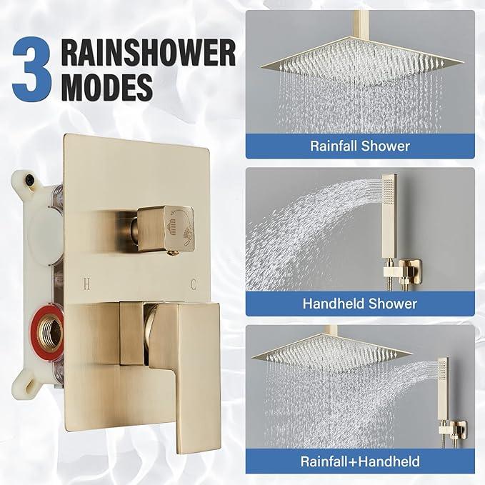 Shower Faucet Set Rain Shower System with 12 Inches Rain Shower Head and Handheld Spray, Bathroom Shower Fixtures Brushed Gold Shower Kit with Brass Valve,Ceiling Mounted - ModernBath