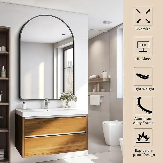 FORBATH Arched Mirror 32x48 Inch, Bathroom Mirror Wall Mounted Modern Black Aluminum Alloy Frame Decor Large Dresser, for Bedroom Living Room Entryway, Hanging or Leaning Against Wall - ModernBath